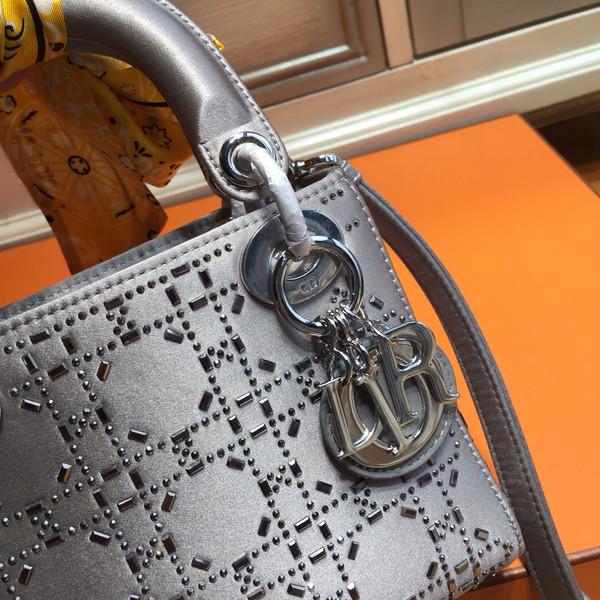 Christian Dior Limited Edition MINI LADY DIOR GREY SATIN BAG WITH SWAROVSKI CANNAGE
