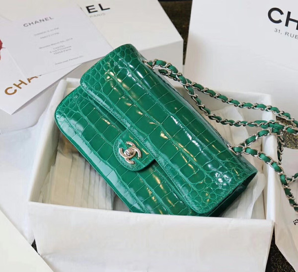 Chanel Emerald Shinny Alligator Classic  Flap Bag  with Silver Hardware