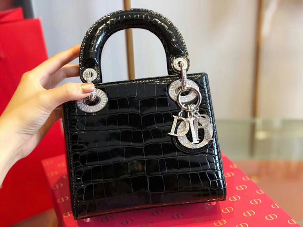 Christian Dior Black  Alligator Mini Lady Dior Tote with gemstone hardware