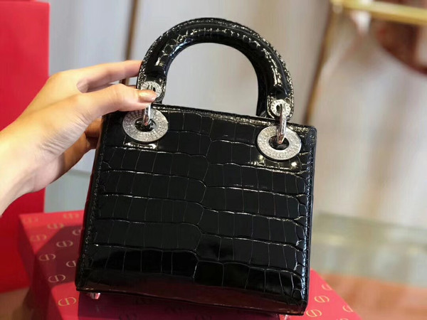 Christian Dior Black  Alligator Mini Lady Dior Tote with gemstone hardware