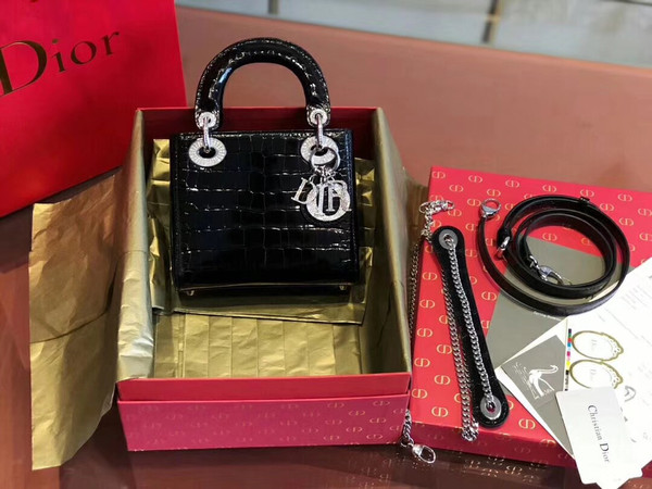 Christian Dior Black  Alligator Mini Lady Dior Tote with gemstone hardware