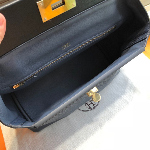 Hermes Kelly 24/24  Black/Navy Blue Swift & Togo Leather with Gold Hardware