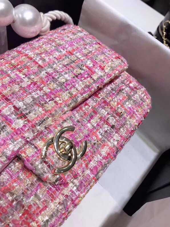 Chanel Pink Tweed Flap Bag With Pearl