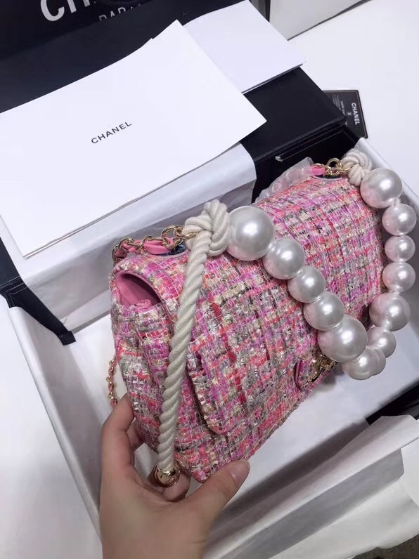 Chanel Pink Tweed Flap Bag With Pearl