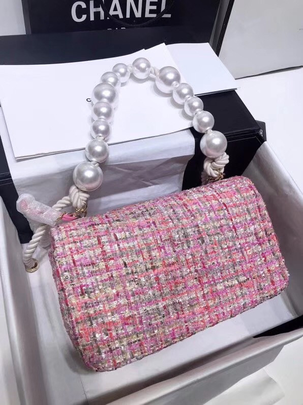 Chanel Pink Tweed Flap Bag With Pearl