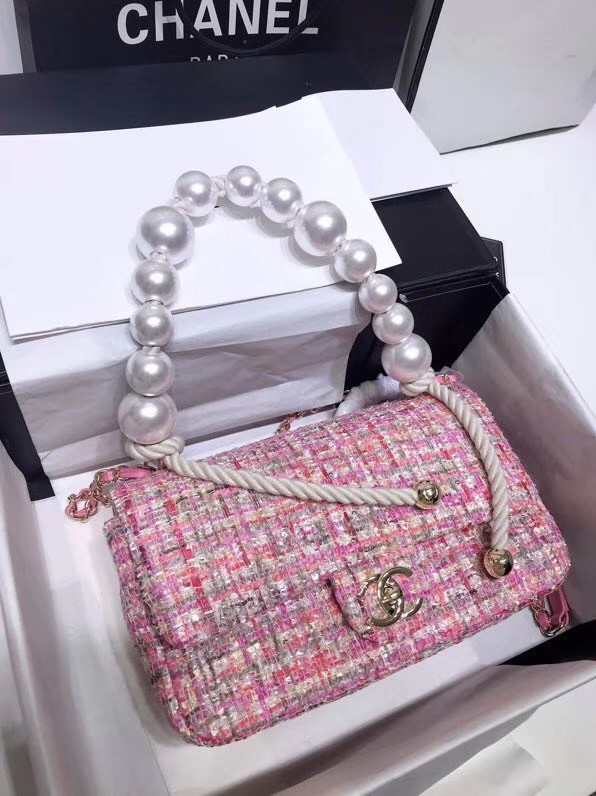 Chanel Pink Tweed Flap Bag With Pearl