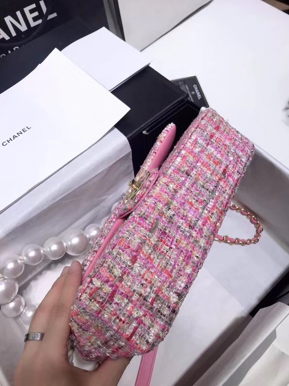 Chanel Pink Tweed Flap Bag With Pearl