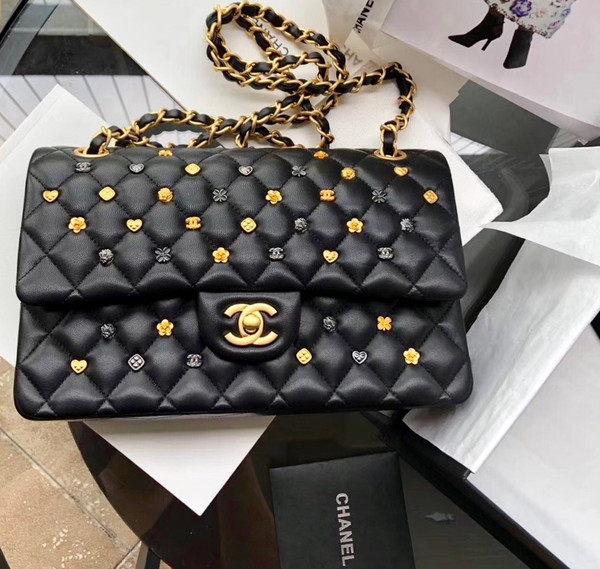 Chanel Black Leather Medium Classic 18K Gold Charms Double Flap Bag