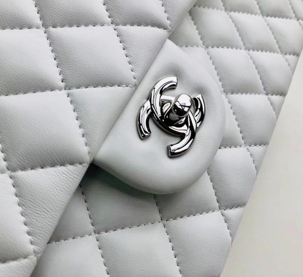 CHANEL White Lambskin Leather Classic Double Flap 2.55 Shoulder Bag With Silver Hardware