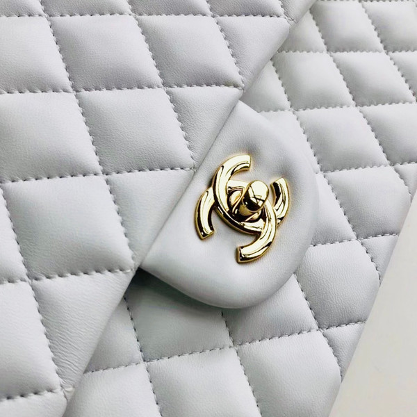 CHANEL White Lambskin Leather Classic Double Flap 2.55 Shoulder Bag With Gold Hardware