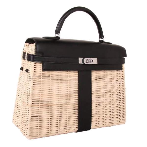 Hermes Limited Edition Black  Picnic Kelly 35 Wicker Palladium Hardware
