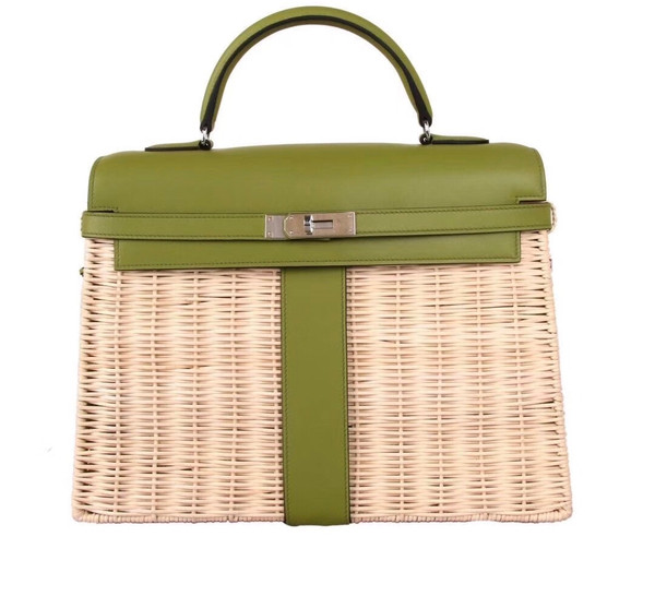Hermes Limited Edition CK61 Green Picnic Kelly 35 Wicker Palladium Hardware