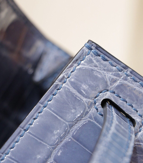 Hermes SHINY BLUE BRIGHTON NILOTICUS CROCODILE KELLY 25 WITH GOLD HARDWARE