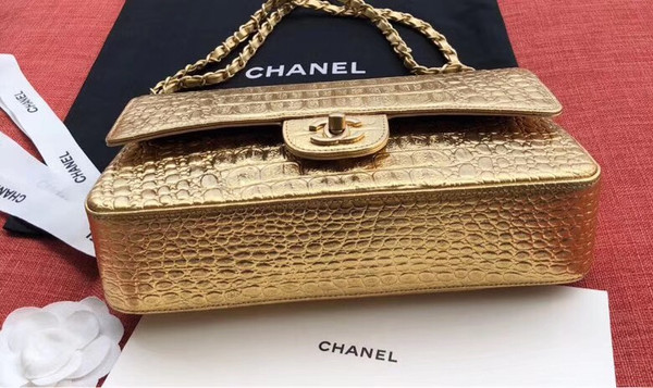 Chanel Small Gold Metallic Crocodile Embossed Flap Bag