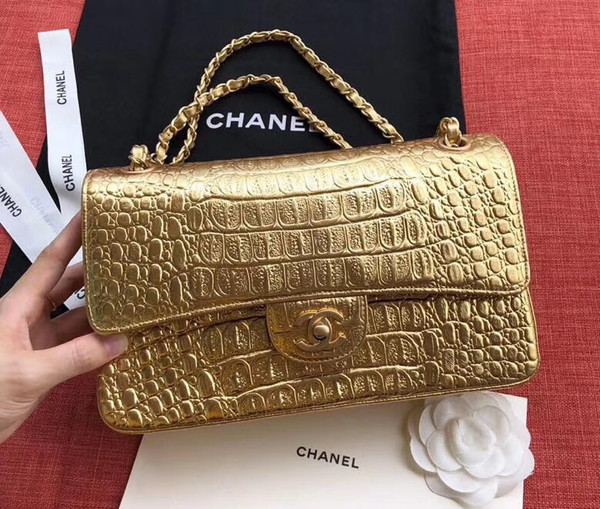 Chanel Small Gold Metallic Crocodile Embossed Flap Bag