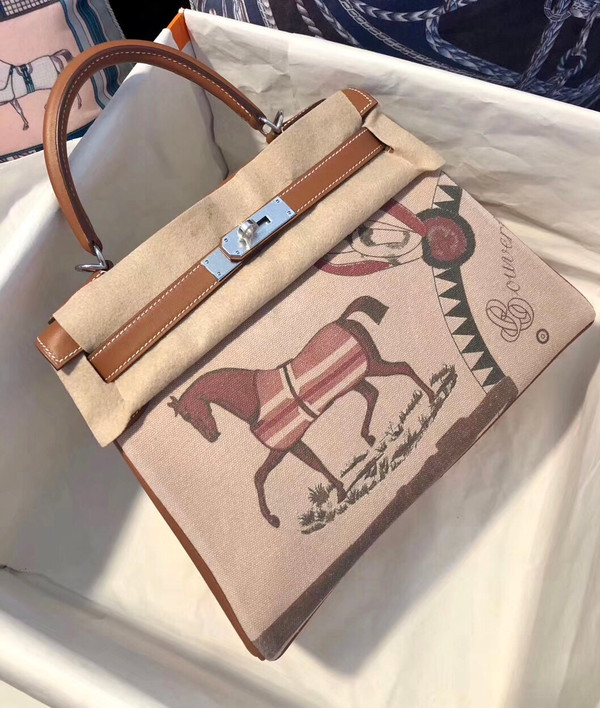 Hermes  Amazone Kelly Bag Barenia Horse Print Toile PHW 32 cm