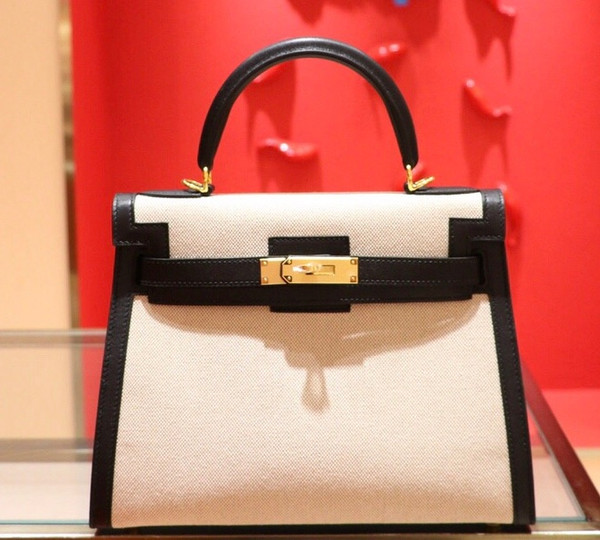 Hermes Black Kelly Bag 28 cm Swift & Toile Canvas Gold Hardware
