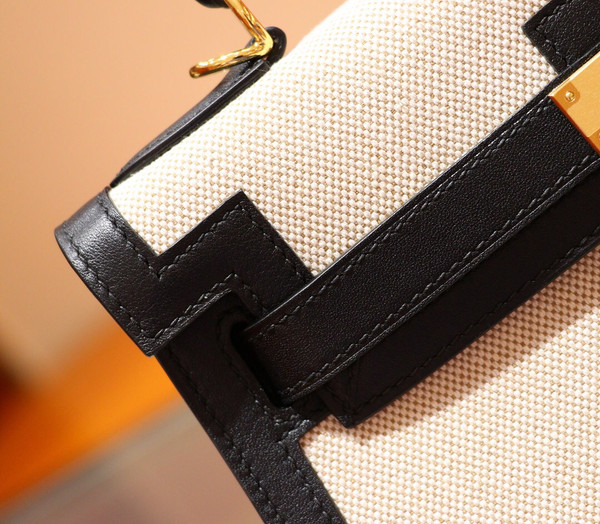 Hermes Black Kelly Bag 28 cm Swift & Toile Canvas Gold Hardware