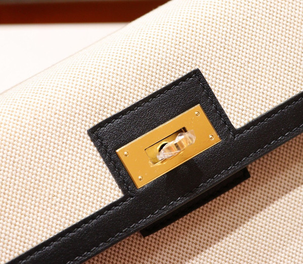 Hermes Black Kelly Bag 28 cm Swift & Toile Canvas Gold Hardware