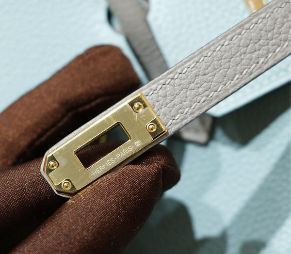 Hermes Special Order Bi-Colour 3P Blue Atoll/ 4Z Gris Mouette Birkin 25 cm Togo Gold  Hardware
