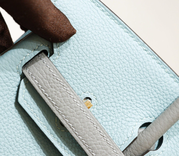 Hermes Special Order Bi-Colour 3P Blue Atoll/ 4Z Gris Mouette Birkin 25 cm Togo Gold  Hardware
