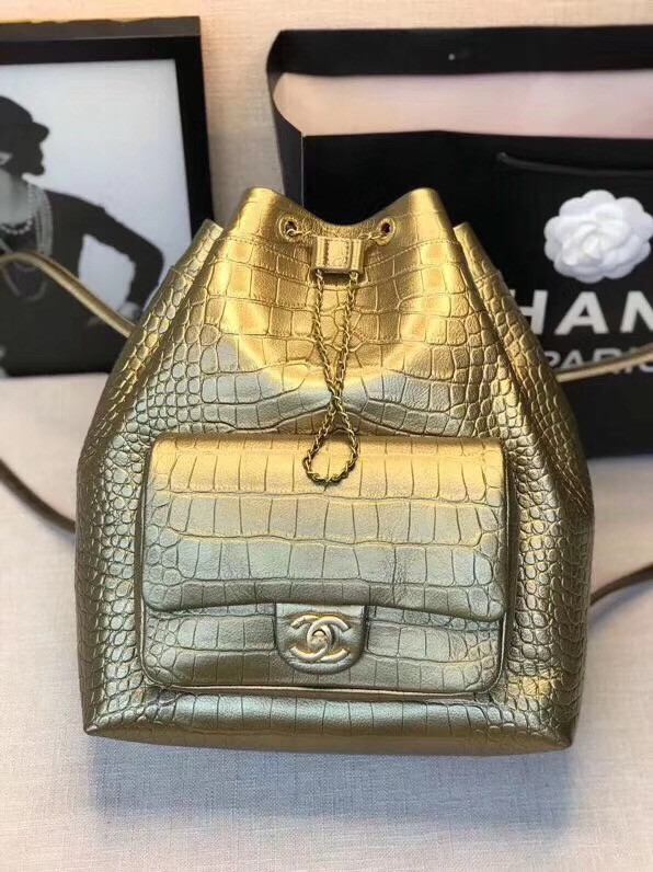 Chanel Gold Large Backpack with Metallic Crocodile Embossed Calfskin