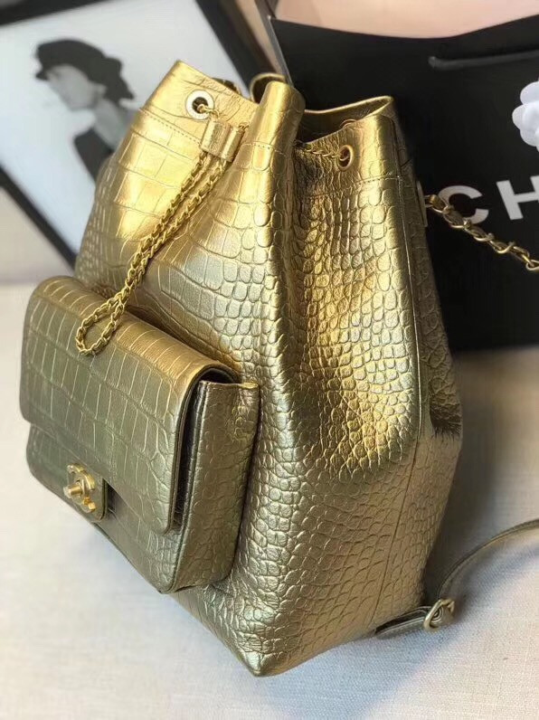 Chanel Gold Large Backpack with Metallic Crocodile Embossed Calfskin