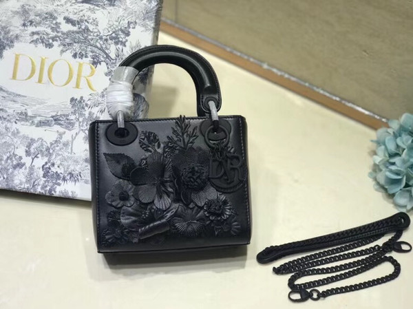 Christian Dior MINI LADY DIOR EMBROIDERED FLOWERS BLACK LAMBSKIN BAG