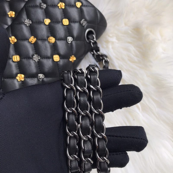 Chanel Black Leather Medium Classic 18K Gold Charms Double Flap Bag With Aged Silver hardware