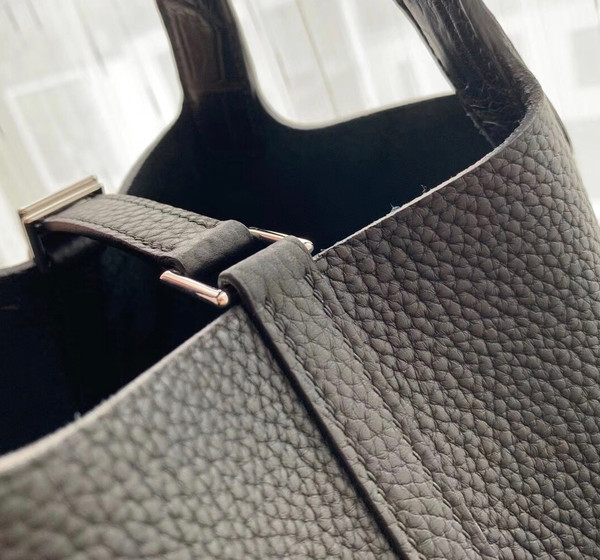 Herme Picotin Lock Touch bag MM Black Clemence leather/Matt alligator crocodile skin　Silver hardware