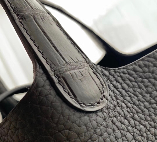 Herme Picotin Lock Touch bag MM Black Clemence leather/Matt alligator crocodile skin　Silver hardware
