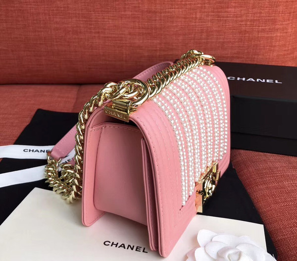 Chanel Small BOY CHANEL Handbag With Imitation Pearls Pink