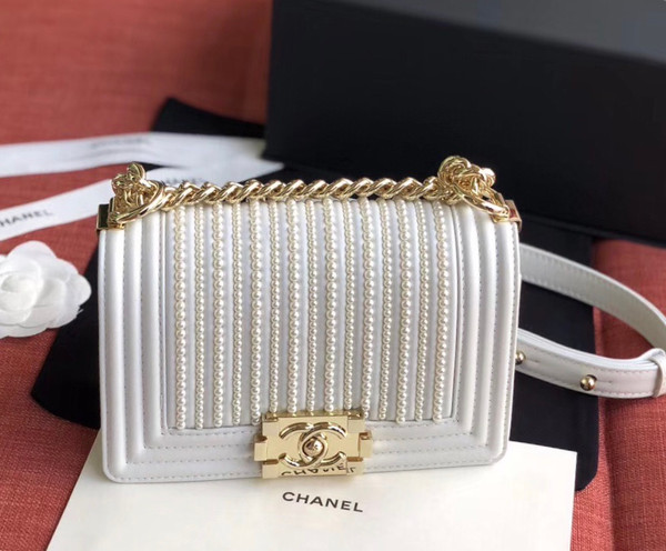 Chanel Small BOY CHANEL Handbag With Imitation Pearls White