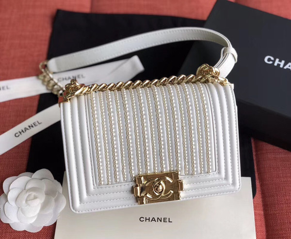 Chanel Small BOY CHANEL Handbag With Imitation Pearls White