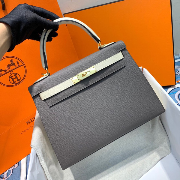 Hermes Special Order Horseshoe Bi-Colours Etain / Craie Kelly 28 cm Epsom Gold Hardware