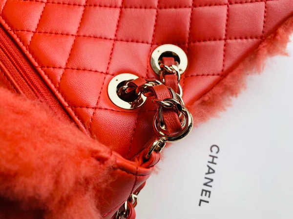 Chanel Shearling Lambskin Flap Bag Bright Red