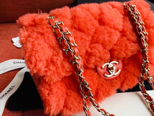 Chanel Shearling Lambskin Flap Bag Bright Red