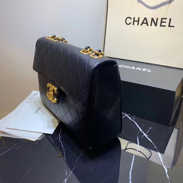 Chanel Vintage Retro Classic Flap XL Quilted Jumbo Large CC Logo GHW Black Lambskin Leather Cross Body Bag