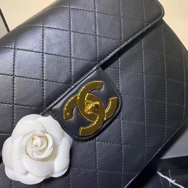 Chanel Vintage Retro Classic Flap XL Quilted Jumbo Large CC Logo GHW Black Lambskin Leather Cross Body Bag