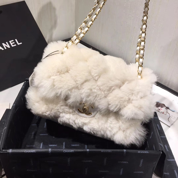  Chanel Shearling Lambskin Flap Bag White
