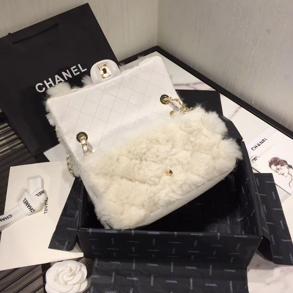  Chanel Shearling Lambskin Flap Bag White
