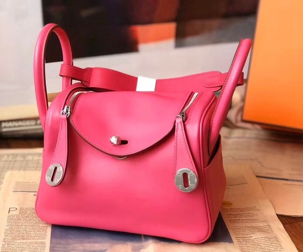 Hermes Rare  Mini Lindy 20cm Bag Fuchsia Swift Leather Palladium Hardware with rare Tressage Strap