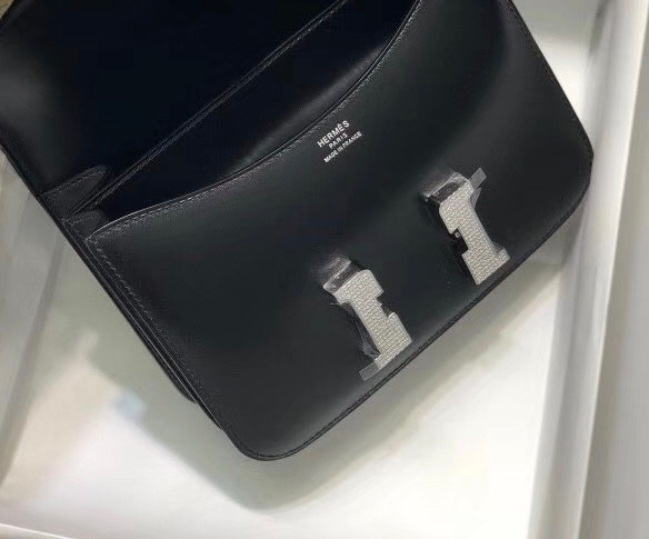Hermes Black Box Leather  Constance 23 Bag with Diamonds