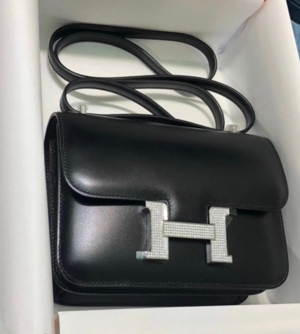 Hermes Black Box Leather  Constance 23 Bag with Diamonds