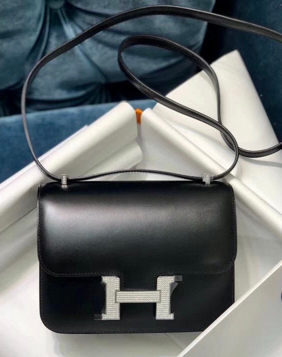 Hermes Black Box Leather  Constance 23 Bag with Diamonds
