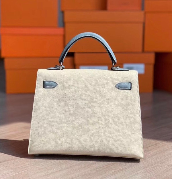 Hermes  Craie/ Blue Lin Kelly 25 cm Epsom Palladium  Hardware