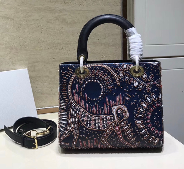 Christian Dior BLACK  LADY DIOR MEDIUM DIOR ANIMALS EMBROIDERED SMOOTH CALFSKIN BAG