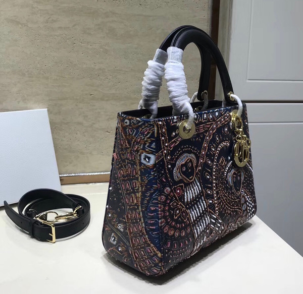 Christian Dior BLACK  LADY DIOR MEDIUM DIOR ANIMALS EMBROIDERED SMOOTH CALFSKIN BAG