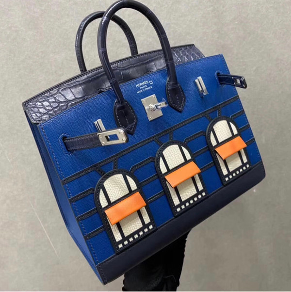 Hermes Limited Edition Birkin 20 Sellier Faubourg Blue Multicolor Madame, Crocodile, Epsom, Sombrero & Swift Palladium Hardware - 2019
