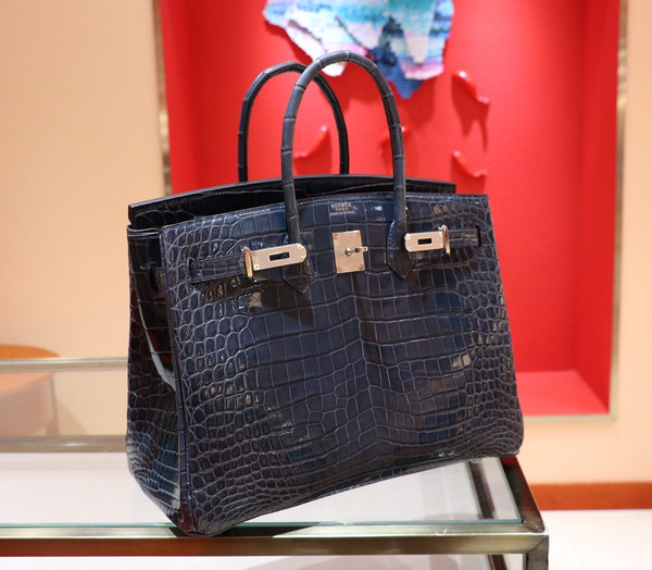 Hermes Bleu Thalassa Birkin 35 in Shiny Porosus Crocodile with Palladium hardware